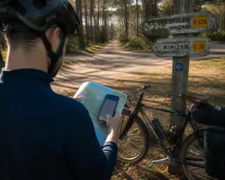 Cyclist paused in a pine forest at a crossroad, checking a printed map and smartphone, with a well-used touring bike resting nearby and sunlight filtering through the trees.