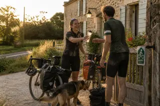 Cyclists unloading panniers at a rustic guesthouse in Gironde at sunset, with an Accueil Vélo sign and a dog nearby, warm and authentic atmosphere.