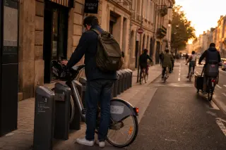Cyclist unlocking a shared e-bike at a Bordeaux street docking station, with other cyclists passing by in the soft evening light.